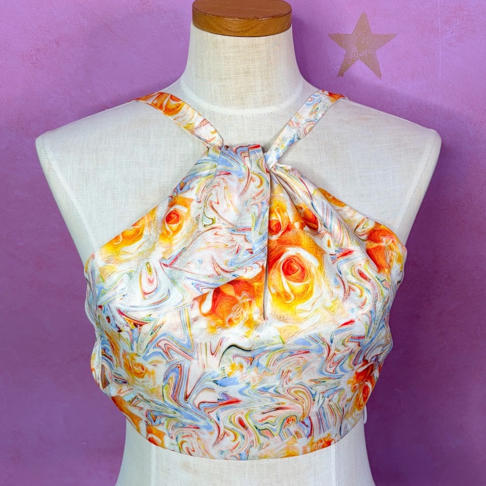Cotton Candy LA Halter Top Womens Small Colorful Satin Twist Coquette Flirty